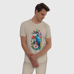 Пижама хлопковая мужская Птица зимородок среди цветов, цвет: миндальный — фото 2