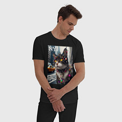 Пижама хлопковая мужская Пирсинг Нью-Йоркского кота - нейросеть, цвет: черный — фото 2