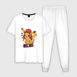 Пижама хлопковая мужская Пикачу в кепке на скейте, цвет: белый