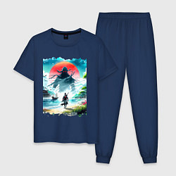Пижама хлопковая мужская Призрак Цусимы - самурай на берегу озера, цвет: тёмно-синий