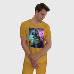 Пижама хлопковая мужская Dinosaur dude with a beer mug wearing headphones a, цвет: горчичный — фото 2