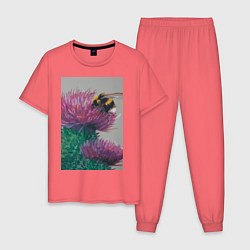 Пижама хлопковая мужская Мохнатый шмель на кактусе - живопись, цвет: коралловый