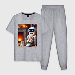 Мужская пижама Робот у камина с котом и чашкой кофе - нейроарт
