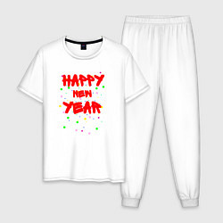 Пижама хлопковая мужская Happy New Year ярко-красным, цвет: белый