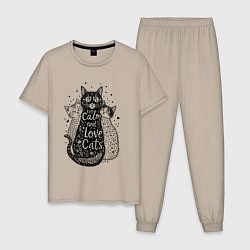 Пижама хлопковая мужская Keep calm and love cats, цвет: миндальный