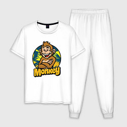 Пижама хлопковая мужская Monkey jungle, цвет: белый