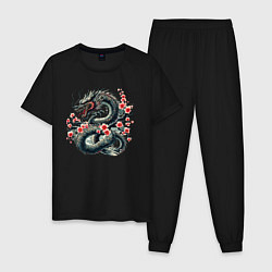 Пижама хлопковая мужская Japanese dragon and sakura - irezumi, цвет: черный