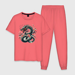 Пижама хлопковая мужская Japanese dragon and sakura - irezumi, цвет: коралловый