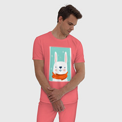 Пижама хлопковая мужская Снежный заяц с шарфом, цвет: коралловый — фото 2