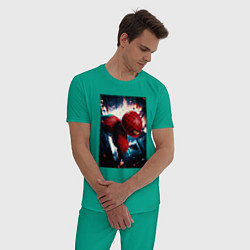 Пижама хлопковая мужская Человек паук над ночным городом, цвет: зеленый — фото 2