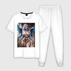 Пижама хлопковая мужская Девушка с киберимплантами крыльев, цвет: белый