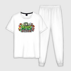 Пижама хлопковая мужская Зомби и растения, цвет: белый