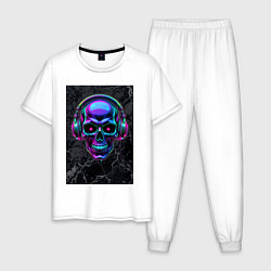 Пижама хлопковая мужская Неоновый череп в наушниках, цвет: белый