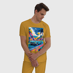 Пижама хлопковая мужская Кабриолет едет по тропическому острову, цвет: горчичный — фото 2
