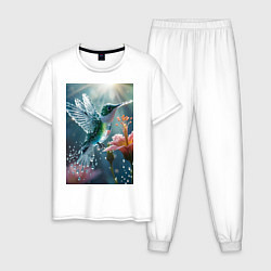 Пижама хлопковая мужская Колибри летает у цветка, цвет: белый