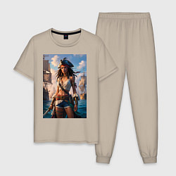 Пижама хлопковая мужская Пиратка на фона флотилии кораблей, цвет: миндальный