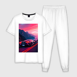 Пижама хлопковая мужская Суперкар едет около океана, цвет: белый
