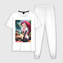 Пижама хлопковая мужская Джесси и Мяут на пикнике, цвет: белый