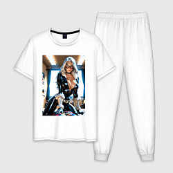 Пижама хлопковая мужская Черная кошка в комнате, цвет: белый