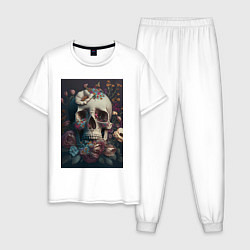 Пижама хлопковая мужская Череп в цветах, цвет: белый