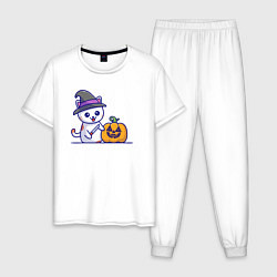 Пижама хлопковая мужская Cat pumpkin, цвет: белый
