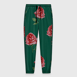 Мужские брюки Ярко красные розы на темно-зеленом фоне