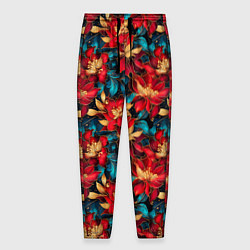 Мужские брюки Красные цветы с синими листьями узор