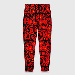 Брюки на резинке мужские Хохломская роспись красные цветы и ягоды на чёрном, цвет: 3D-принт