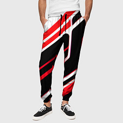 Брюки на резинке мужские Бело-красные линии на чёрном фоне, цвет: 3D-принт — фото 2