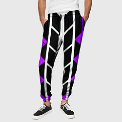 Брюки на резинке мужские Бело-фиолетовые линии на чёрном фоне, цвет: 3D-принт — фото 2