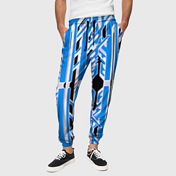 Брюки на резинке мужские Бело-синие техно полосы на чёрном фоне, цвет: 3D-принт — фото 2