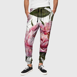 Брюки на резинке мужские Розовые пионы на белом, цвет: 3D-принт — фото 2