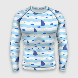 Рашгард мужской Волны, рыбки и плавники акул - паттерн, цвет: 3D-принт