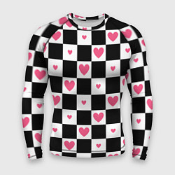 Рашгард мужской Розовые сердечки на фоне шахматной черно-белой дос, цвет: 3D-принт