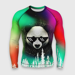 Рашгард мужской Панда в очках на фоне северного сияния и леса, цвет: 3D-принт