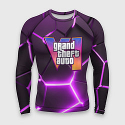 Рашгард мужской GTA 6 лого на фоне разлома фиолетовых плит, цвет: 3D-принт