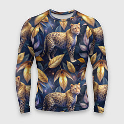 Рашгард мужской Леопард с золотыми листьями паттерны, цвет: 3D-принт