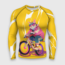 Рашгард мужской Кот на велосипеде жёлтый фон, цвет: 3D-принт