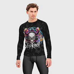 Рашгард мужской Slipknot на фоне черепа демона с рогами в очках, цвет: 3D-принт — фото 2