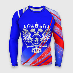 Рашгард мужской Герб России на фоне цветов флага синий, цвет: 3D-принт