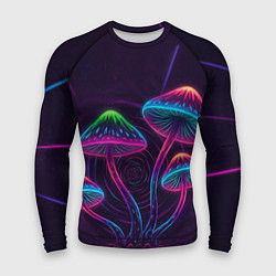 Мужской рашгард Неоновые грибы и лучи на темном фоне