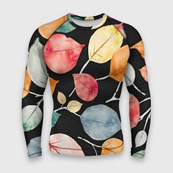 Рашгард мужской Разноцветные акварельные листья на чёрном, AI, цвет: 3D-принт