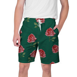 Шорты на шнурке мужские Ярко красные розы на темно-зеленом фоне, цвет: 3D-принт