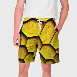 Шорты на шнурке мужские Желтые шестиугольники с трещинами - объемная текст, цвет: 3D-принт