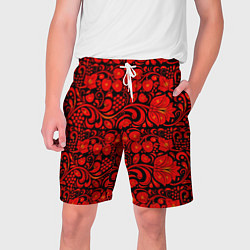 Шорты на шнурке мужские Хохломская роспись красные цветы и ягоды на чёрном, цвет: 3D-принт
