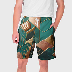 Шорты на шнурке мужские Арт деко зеленый и золотой узор из геометрических, цвет: 3D-принт