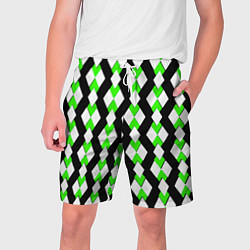 Шорты на шнурке мужские Зелёные и белые ромбы на чёрном фоне, цвет: 3D-принт