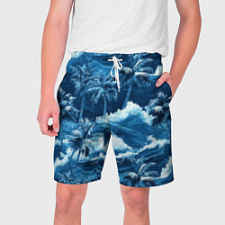 Шорты на шнурке мужские Пальмы и волны - голубые оттенки паттерн, цвет: 3D-принт