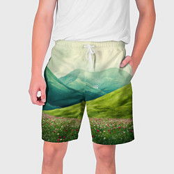 Мужские шорты Горы и поле с цветами - зеленый пейзаж