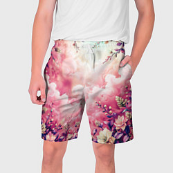 Шорты на шнурке мужские Фантастический цветочный розовый с облаками, цвет: 3D-принт